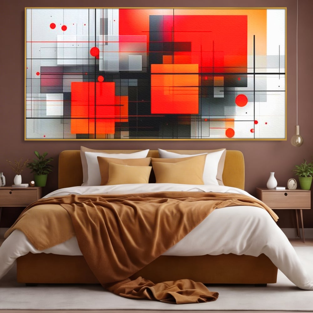 Tablou canvas cu ilustratie geometrica abstracta cu patrate, in rama de aluminiu auriu, pe perete intr-un dormitor